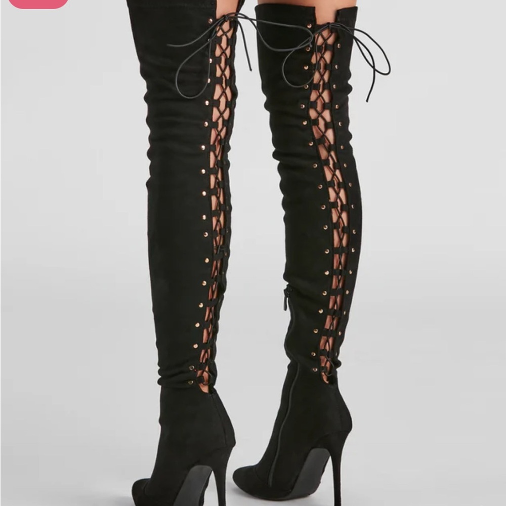 Black Over-the-Knee Boots, back lace up open toe.